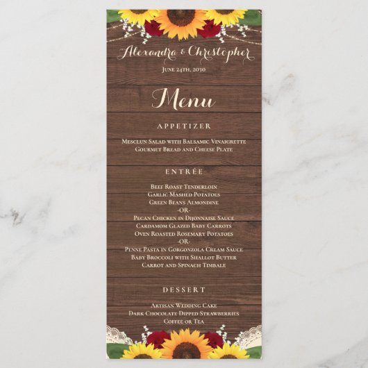 Menu Tournesols Rustiques Bourgogne Rouge Roses Mariage (Devant)