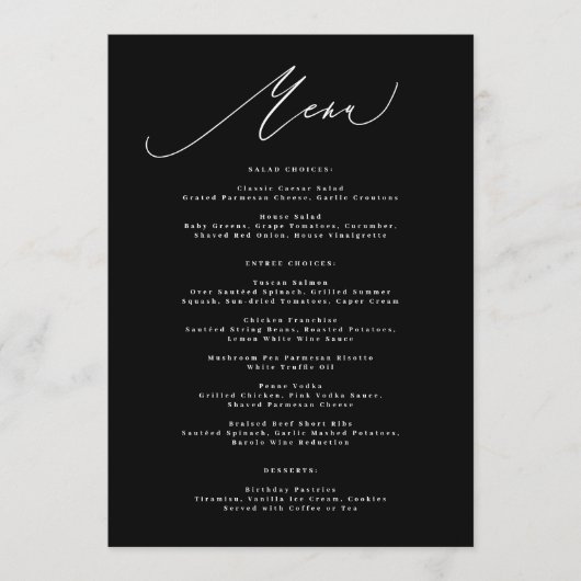 Menu Traditional 5 x 7 Elegant Black White Calligraphy (Devant)