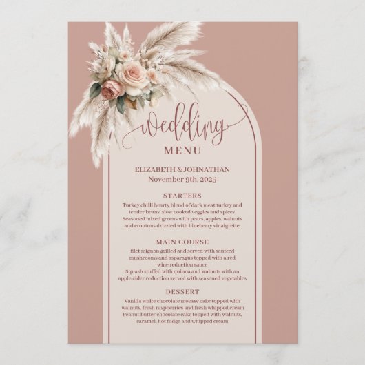 Menu Traditional Boho Dusty Pink Pampas Floral Wedding  (Devant)