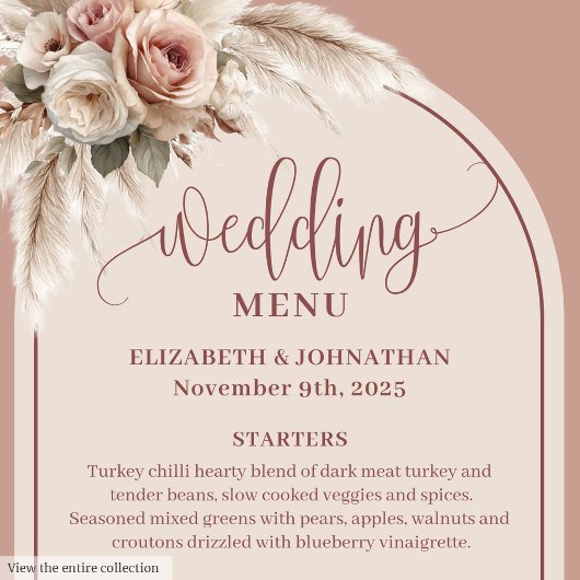 Menu Traditional Boho Dusty Pink Pampas Floral Wedding 