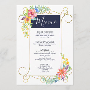 Menu Tropical Cheer Colorful Flowers Gold Frame