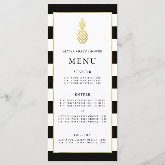Menu tropical de baby shower d'ananas d'or rayé (Devant)
