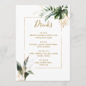 Menu Tropical Foliage Gold & Green Mariage Bar Boissons (Devant)