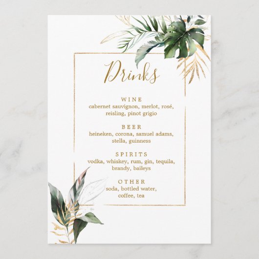 Menu Tropical Foliage Gold & Green Mariage Bar Boissons (Devant)