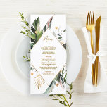 Menu Tropical Foliage Mariage Gold & Green<br><div class="desc">Ce menu mariage est composé de feuilles de palmiers d'aquarelle,  de feuilles de bananes,  de feuilles tropicaux exotiques et de feuilles en faux or avec un cadre en faux diamant d'or. Il est parfait pour un mariage tropical,  plage,  été ou destination.</div>