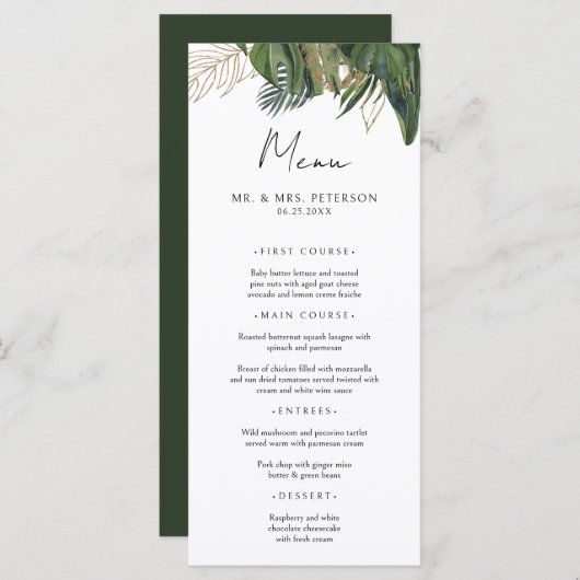 Menu Tropical Greenery Botanical Summer Boho Wedding (Devant / Derrière)