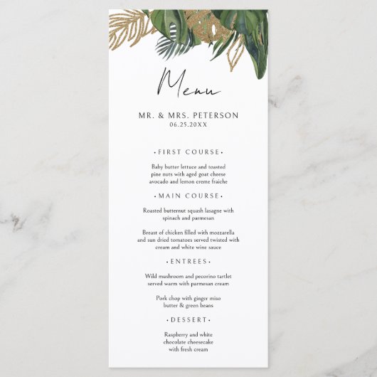 Menu Tropical Greenery Botanical Summer Boho Wedding (Devant)