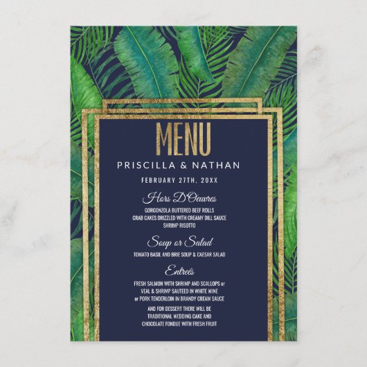 Menu Tropical Palm Tree Greenery Gold Marine Blue Maria (Devant)