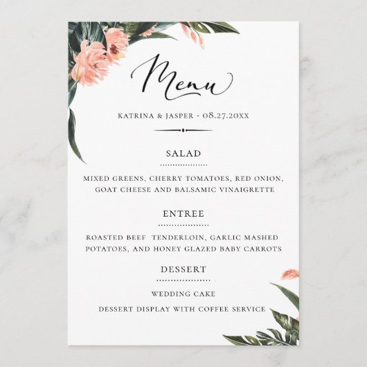 Menu Tropiques modernes Coral Floral Mariage (Devant)