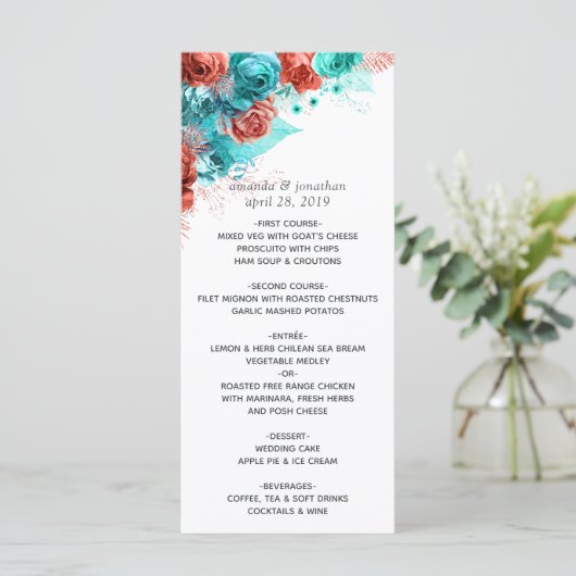 Menu Tropische bruiloft Turquoise en Coral (Staand voorkant)