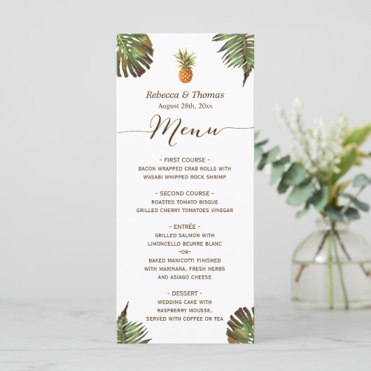 Menu Tropische Leaves Pineapple Luau Styled Weddin (Staand voorkant)