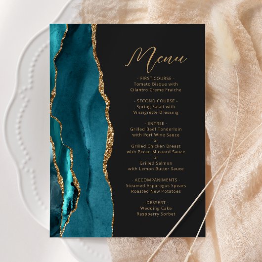 Menu Turquoise Blue Agate Gold Modern Script Mariage