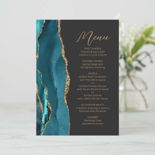 Menu Turquoise Blue Agate Gold Modern Script Mariage (Debout devant)