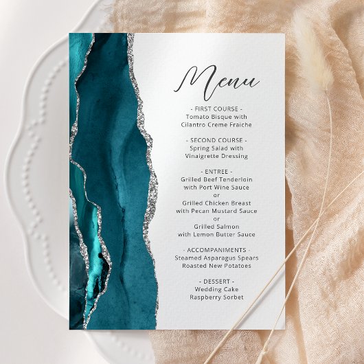 Menu Turquoise Blue Silver Agate Modern Script Mariage