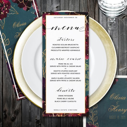 Menu Turquoise Bordeaux Jewel Tones Mariage