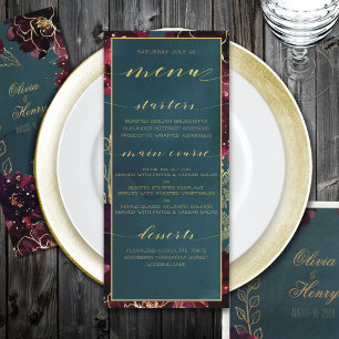 Menu Turquoise Bordeaux Jewel Tones Mariage Or