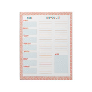 Menu Turquoise & Coral Weekly/Grocery List Notitieblok