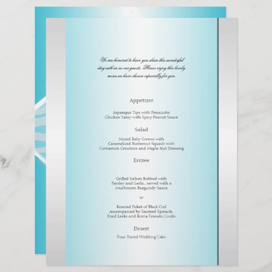 Menu turquoise et blanc Zebra Diamond Mariage (Devant / Derrière)