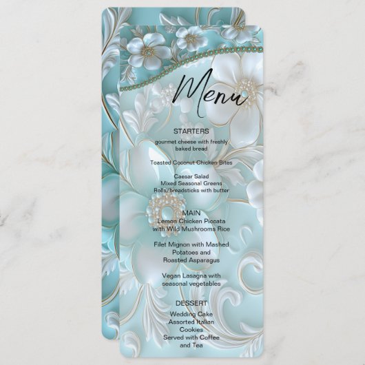 Menu turquoise Floral Blanc (Devant / Derrière)
