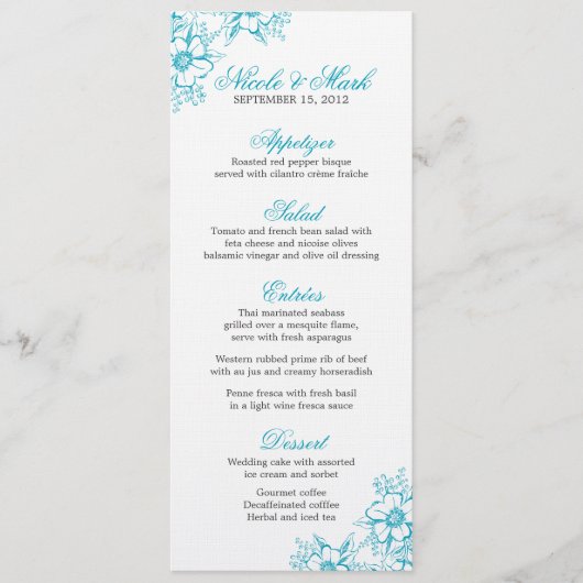 Menu Turquoise Floral Letterpress Style Mariage (Devant)
