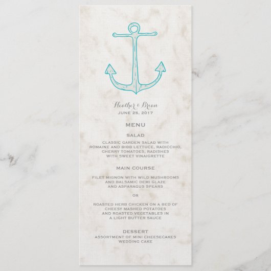 Menu turquoise Rustic Ancre Mariage (Devant)