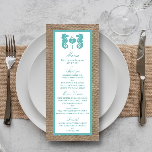 Menu Turquoise Seahorse Burlap Beach Wedding Collection