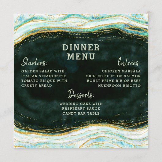 Menu Turquoise Vert & Or Agate Marbre Géode Carré Dîner (Devant)