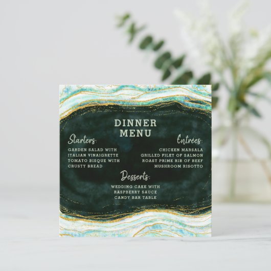 Menu Turquoise Vert & Or Agate Marbre Géode Carré Dîner (Debout devant)