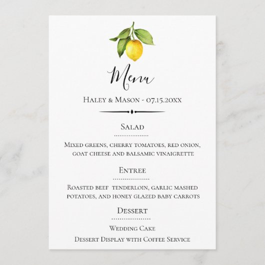 Menu Typographie chic Aquarelle Citron Mariage (Devant)