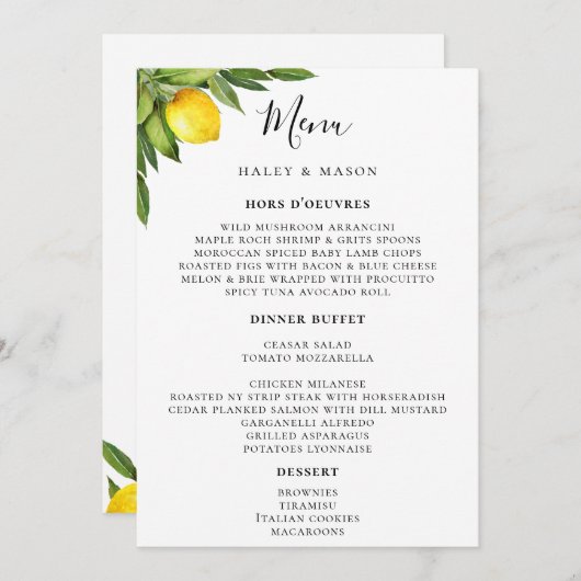 Menu Typographie chic Aquarelle rustique Citron (Devant / Derrière)