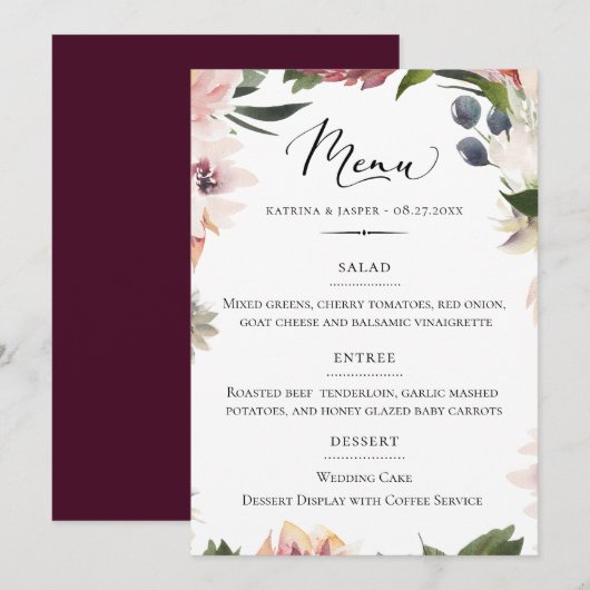 Menu Typographie chic Blush Plum Floral Mariage (Devant / Derrière)