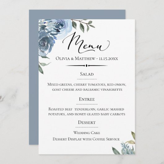 Menu Typographie chic Dusty Blue Botanical Mariage (Devant / Derrière)