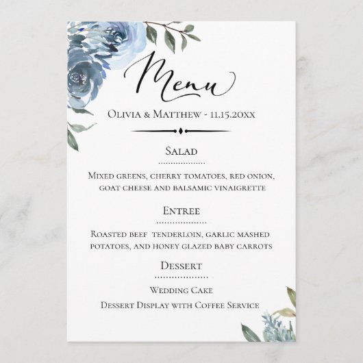 Menu Typographie chic Dusty Blue Botanical Mariage (Devant)