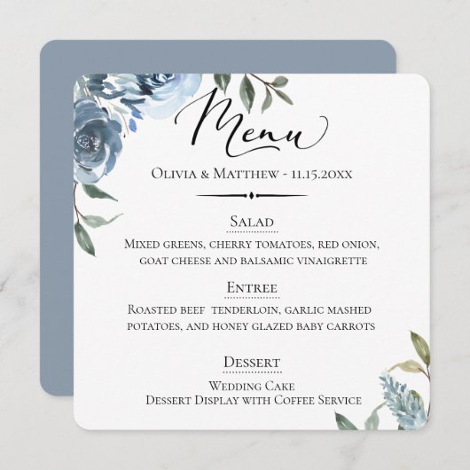 Menu Typographie chic Dusty Blue Botanical Mariage (Devant / Derrière)