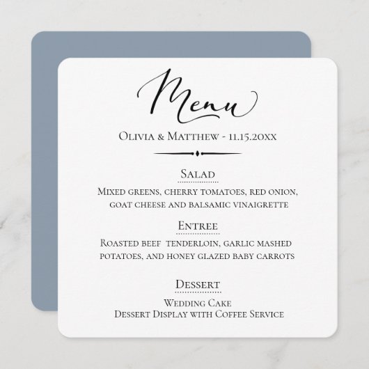 Menu Typographie chic Dusty Mariage bleu (Devant / Derrière)