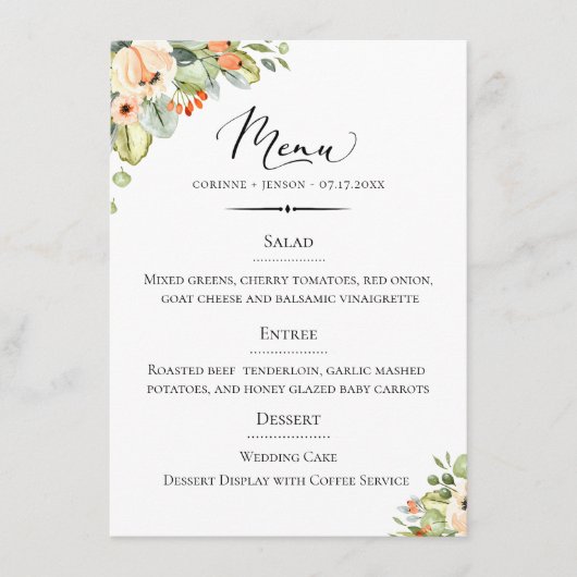 Menu Typographie chic Peach Floral Mariage (Devant)