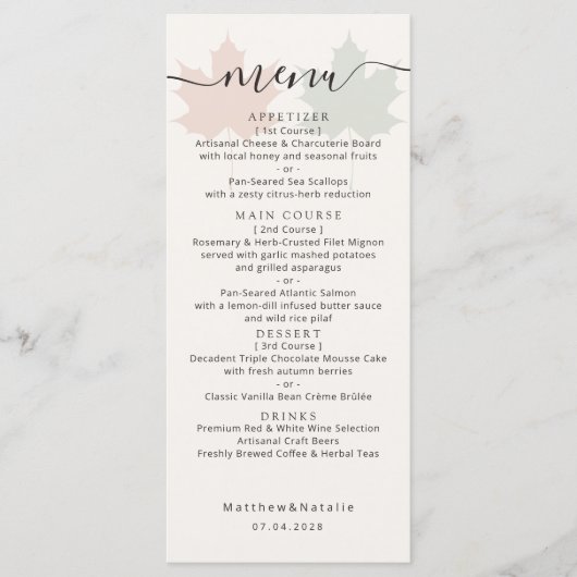 Menu Typographie de mariage à feuille d'érable en terre (Devant)