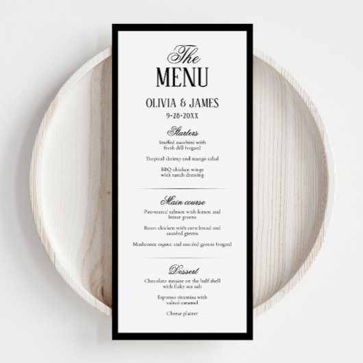 Menu Typographie Élégante Mariage Moderne Noir & Blanc