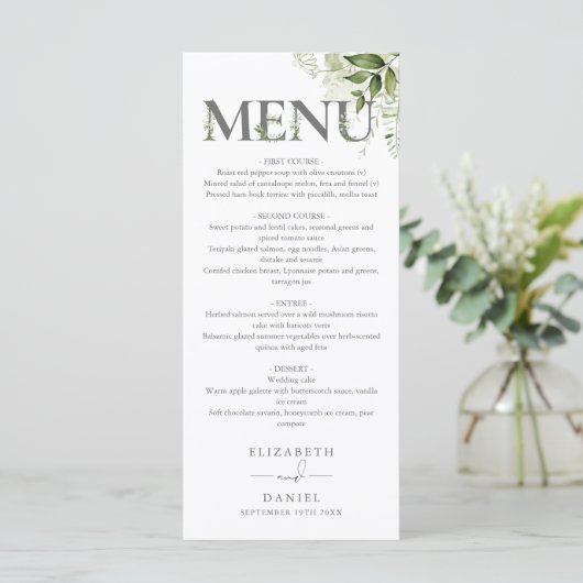 Menu Typographie florale de verdure Monogramme Mariage (Debout devant)