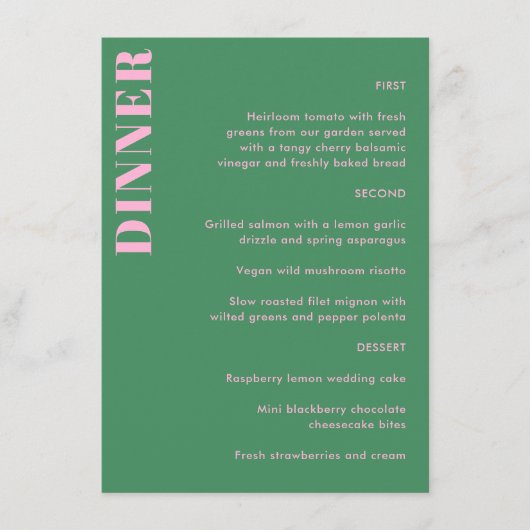 Menu Typographie Gras Rose Vert Simple Dîner de Mariage (Devant)