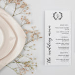 Menu Typographie Laurel Wreath Monogramme Mariage<br><div class="desc">Élégant menu mariage 9x4 dans un design de typographie noir et blanc avec un monogramme de couronne de laurier et de belles polices. Typographie menu mariage avec un monogramme verdoyant et de belles polices. Menu mariage plat avec un monogramme élégant et de belles polices et détails de verdure en noir...</div>