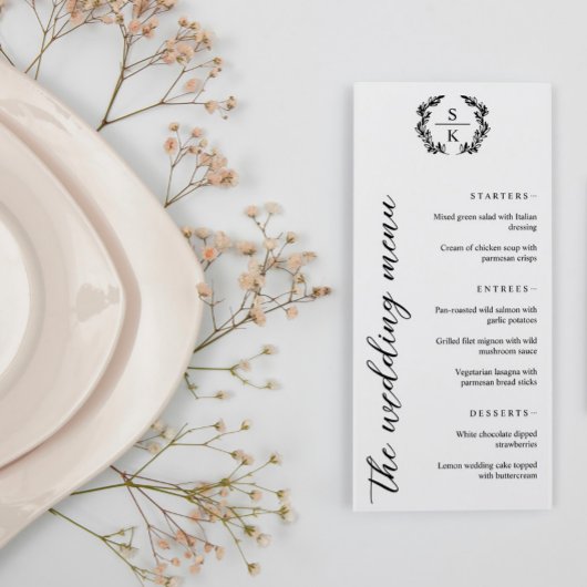 Menu Typographie Laurel Wreath Monogramme Mariage