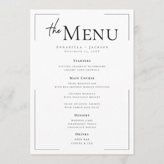 Menu Typographie minimale Mariage noir et blanc (Devant)