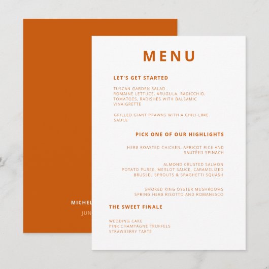 Menu Typographie minimale unique Burnt Orange Mariage (Devant / Derrière)