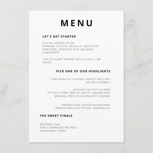 Menu Typographie minimale unique Mariage noir blanc (Devant)