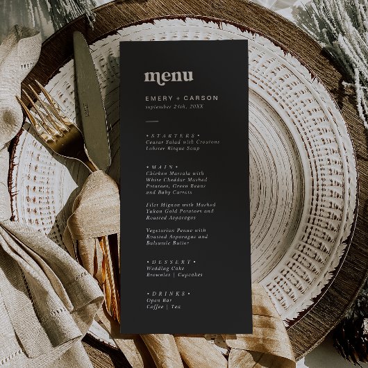 Menu Typographie moderne | Dîner Mariage gris charbon