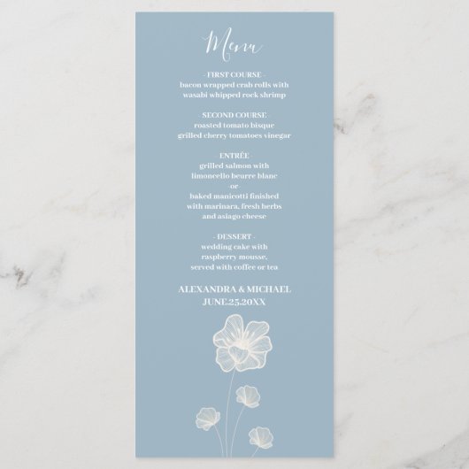 Menu Typographie moderne Dusty Bleu Mariage botanique (Dos)