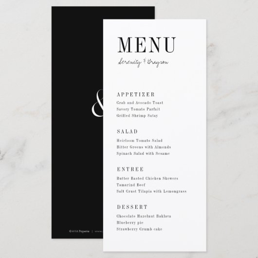 Menu Typographie moderne minimaliste noir et blanc (Devant / Derrière)