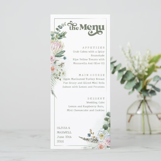 Menu Typographie rétro Floral Boho Sage Mariage vert (Debout devant)