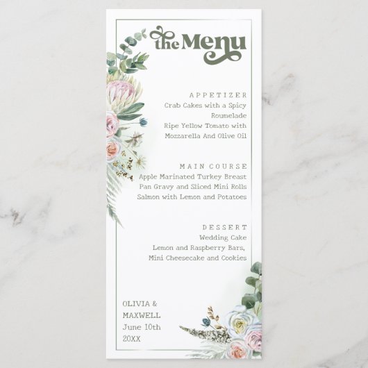 Menu Typographie rétro Floral Boho Sage Mariage vert (Devant)